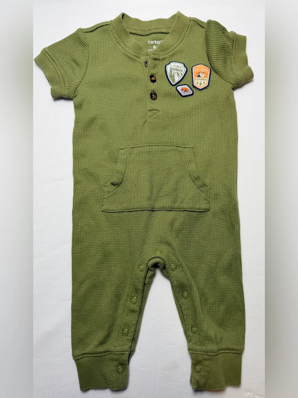 Carter's Waffle Knit Patch Romper Okie Dokie Blue Patch Ribbed Romper- 6 M